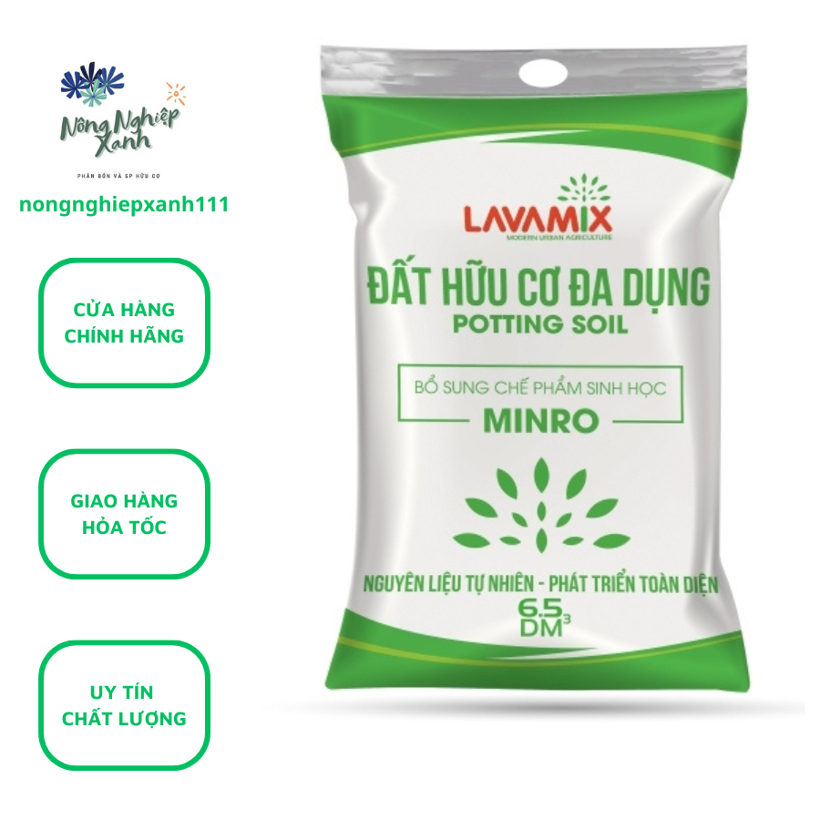 Đất trồng cây hữu cơ đa dụng Lavamix bao 6.5dm3 khoảng 2kg7 có bổ sung chế phẩm sinh học Minro