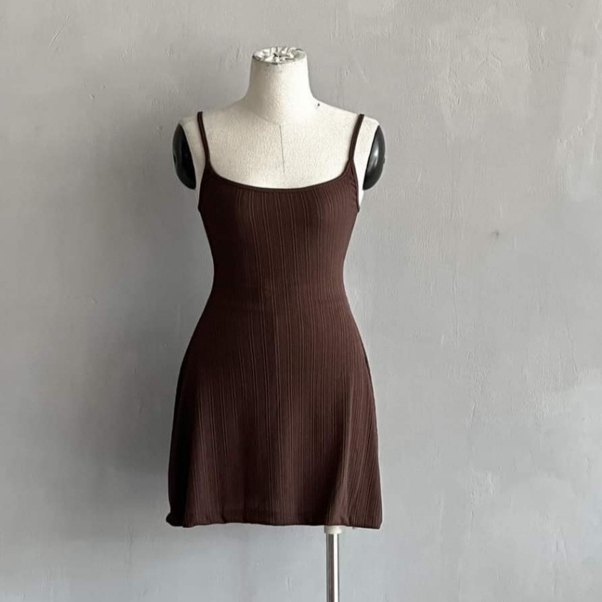 BARE_(Có size) Đầm hai dây nữ form ngắn xòe nhẹ kèm quần trong chất thun gân trung mềm mát phong cách đơn giản - Đ017