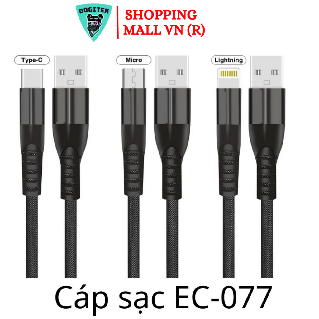 Cáp Sạc Dù  EC-077i Lightning & EC-077C TypeC  ( Sạc Nhanh 3A) .Bọc Dù siêu bền , chống đứt rối gập , BH3th. Lỗi 1 Đổi1