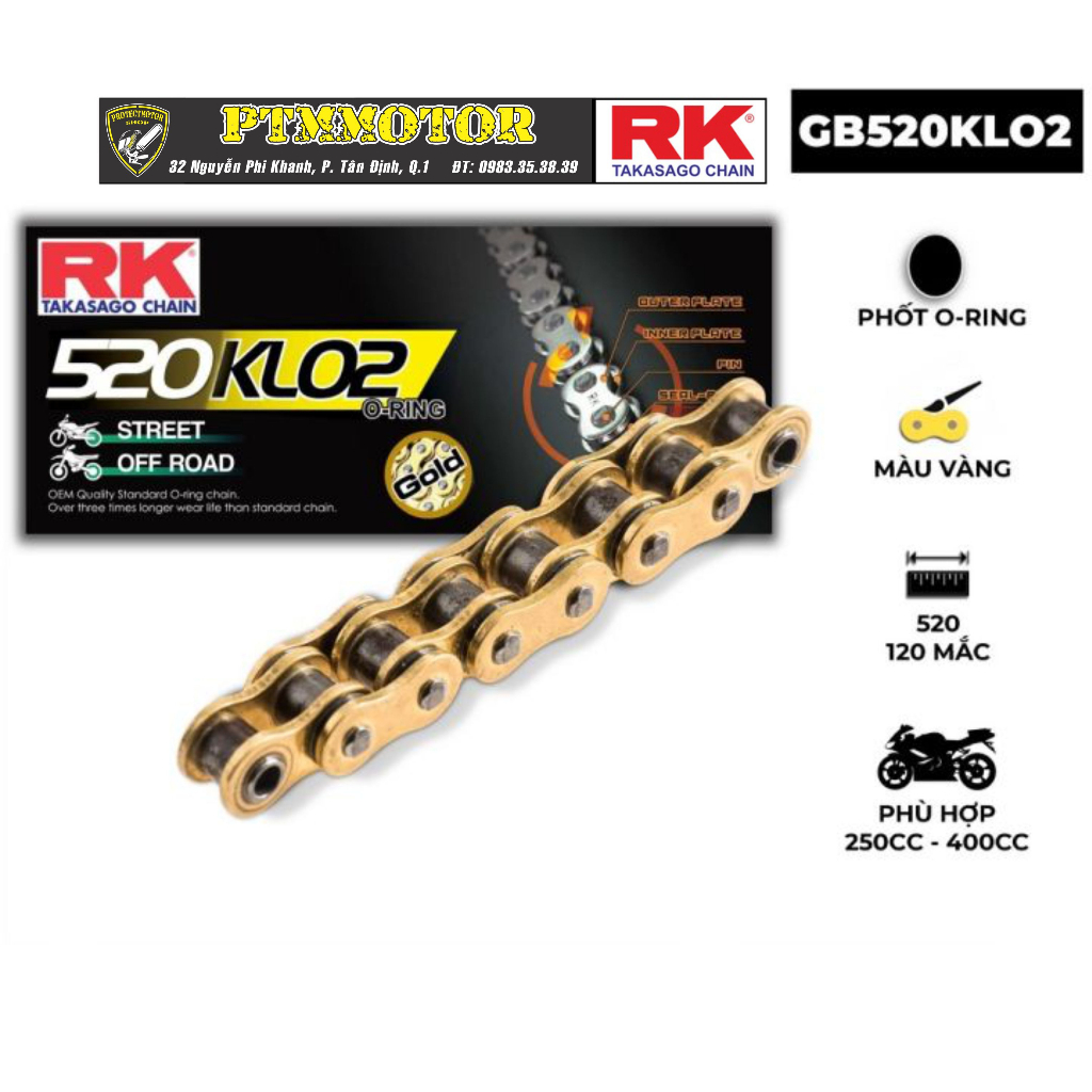 Sên xe RK Takasago Chain mã GB-520-KLO2, màu vàng, phốt cao su O-ring, kích thước 520, 120 mắc sên