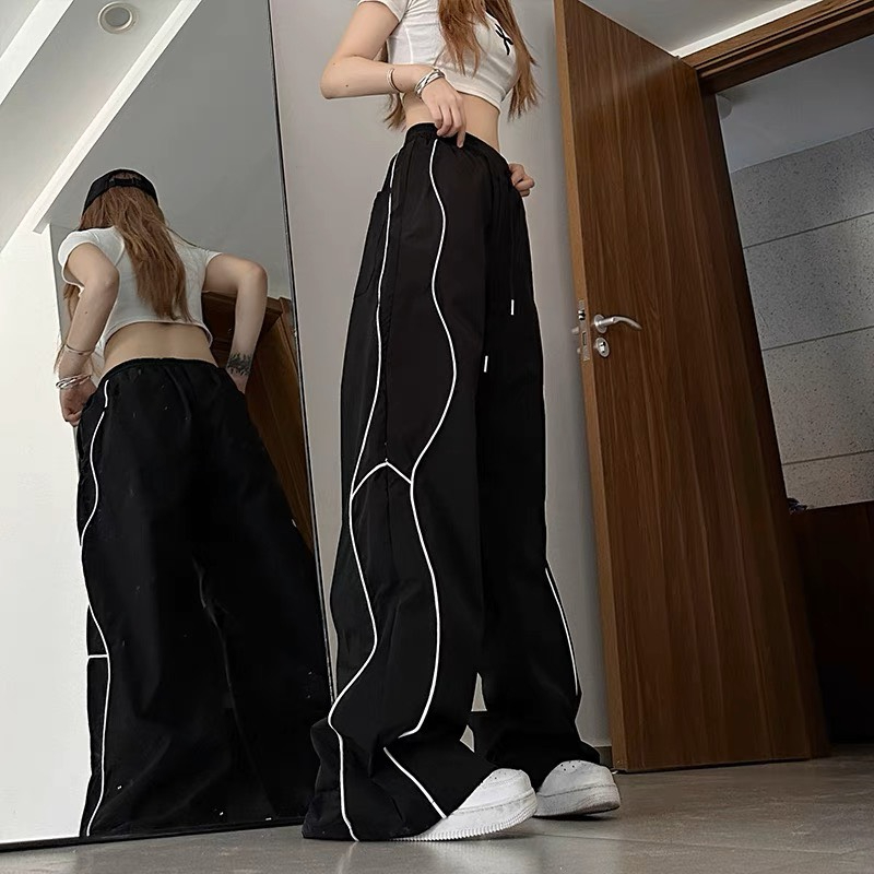 Quần dài ống rộng chất dù đen phối viền trắng jogger line phối trắng by kun shop unisex