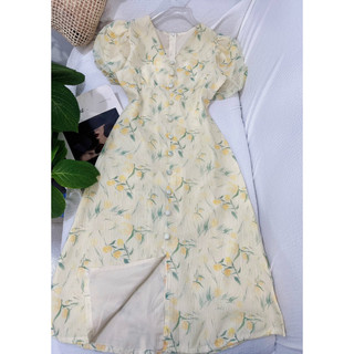 Đầm hoa nhí vintage❤️freeship❤️ midi dáng xòe cổ v tay ngắn đính nút xinh xắn