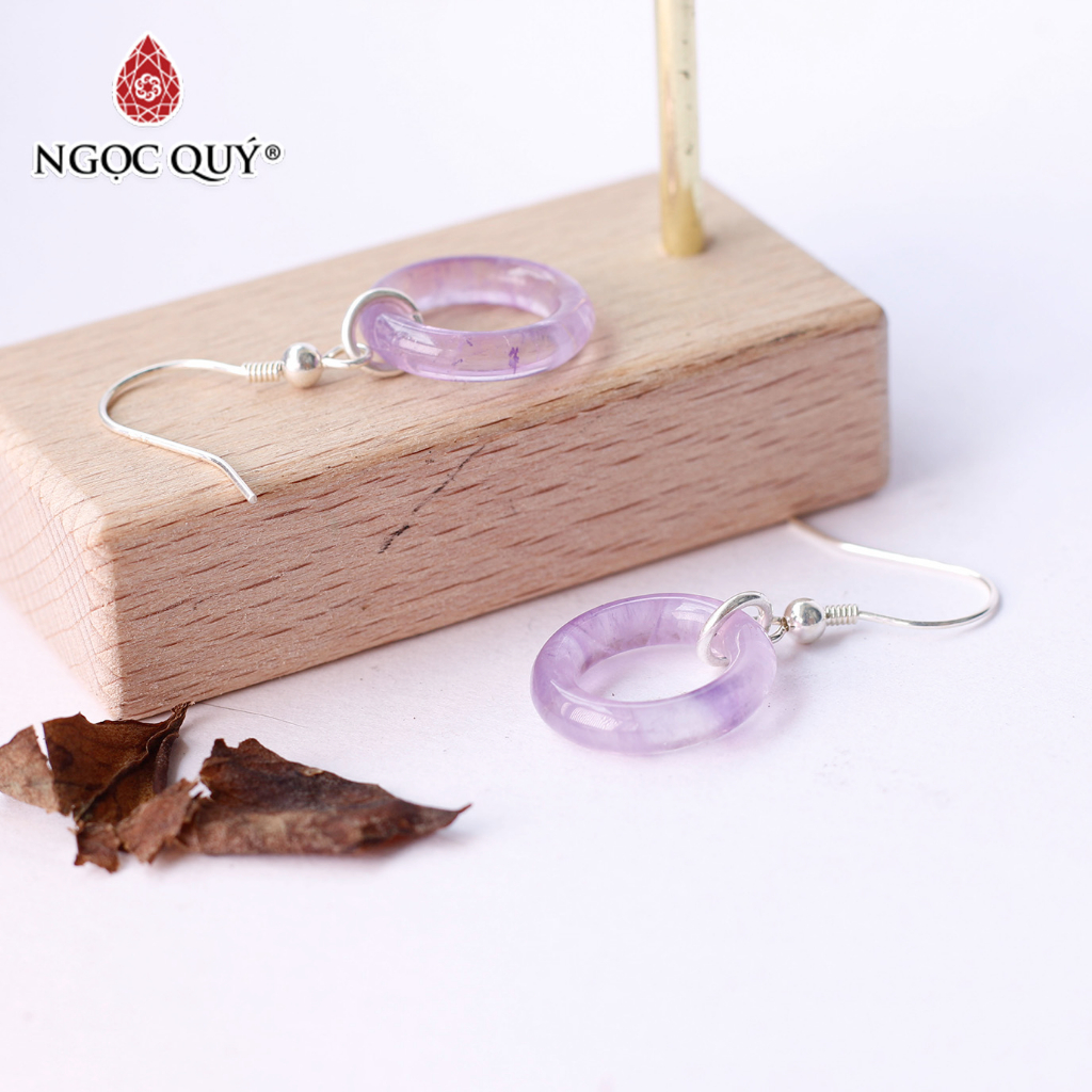 Bông tai bạc tròn trơn đá Amethyst - Ngọc Quý
