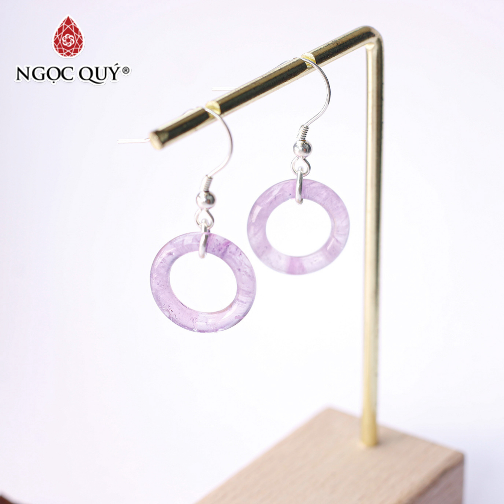 Bông tai bạc tròn trơn đá Amethyst - Ngọc Quý