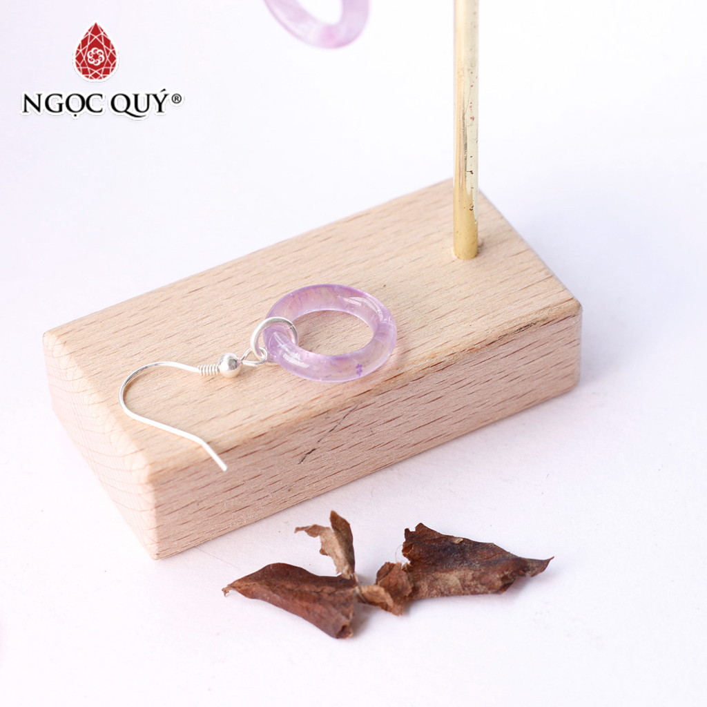 Bông tai bạc tròn trơn đá Amethyst - Ngọc Quý