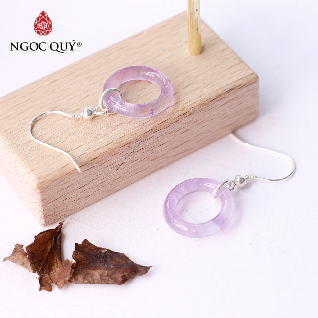 Bông tai bạc tròn trơn đá Amethyst - Ngọc Quý