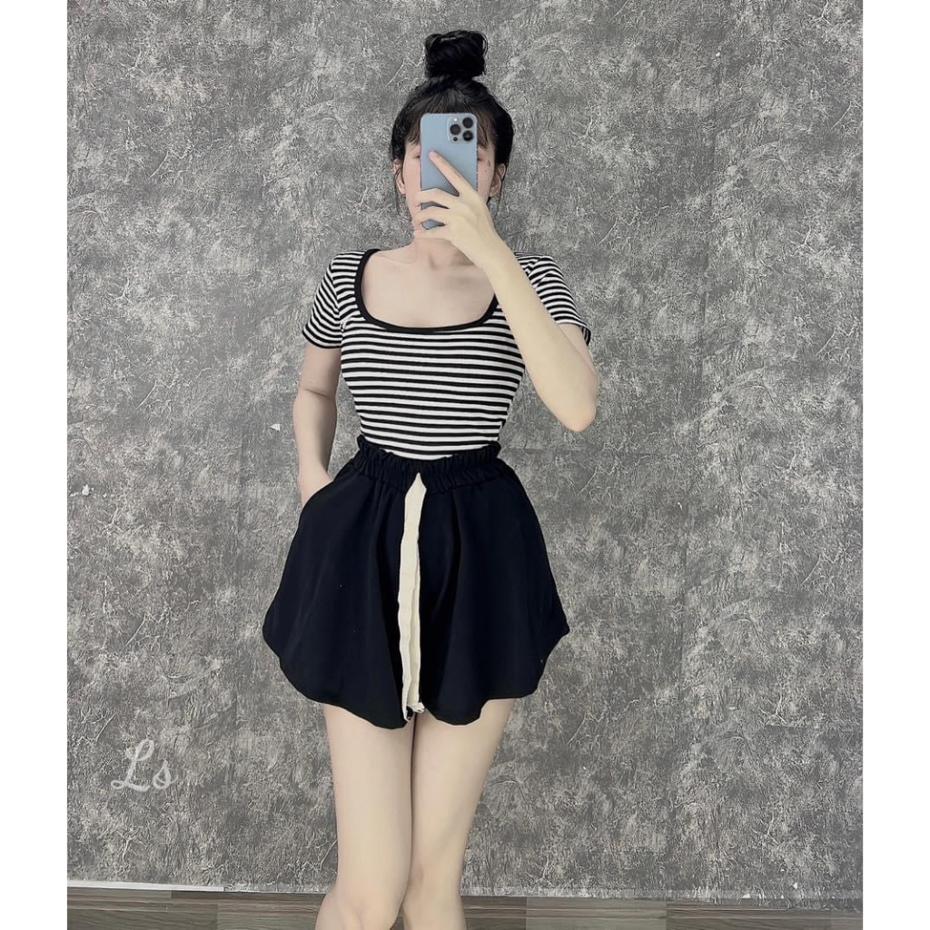 Set nữ áo thun croptop tay ngắn phối màu sọc ngang mix quần đùi xòe chất thun gân xinh xắn