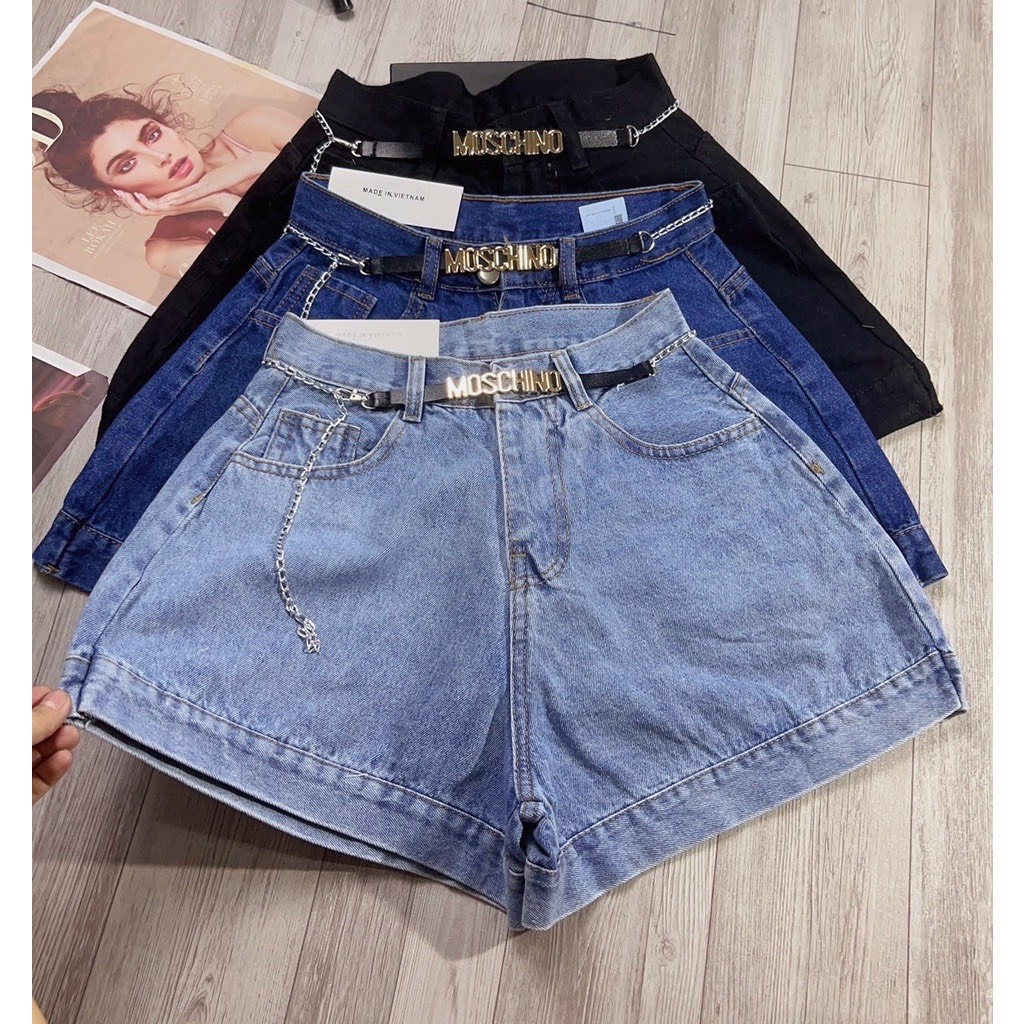 Quần short jean cotton ống rộng form chữ A cạp cao