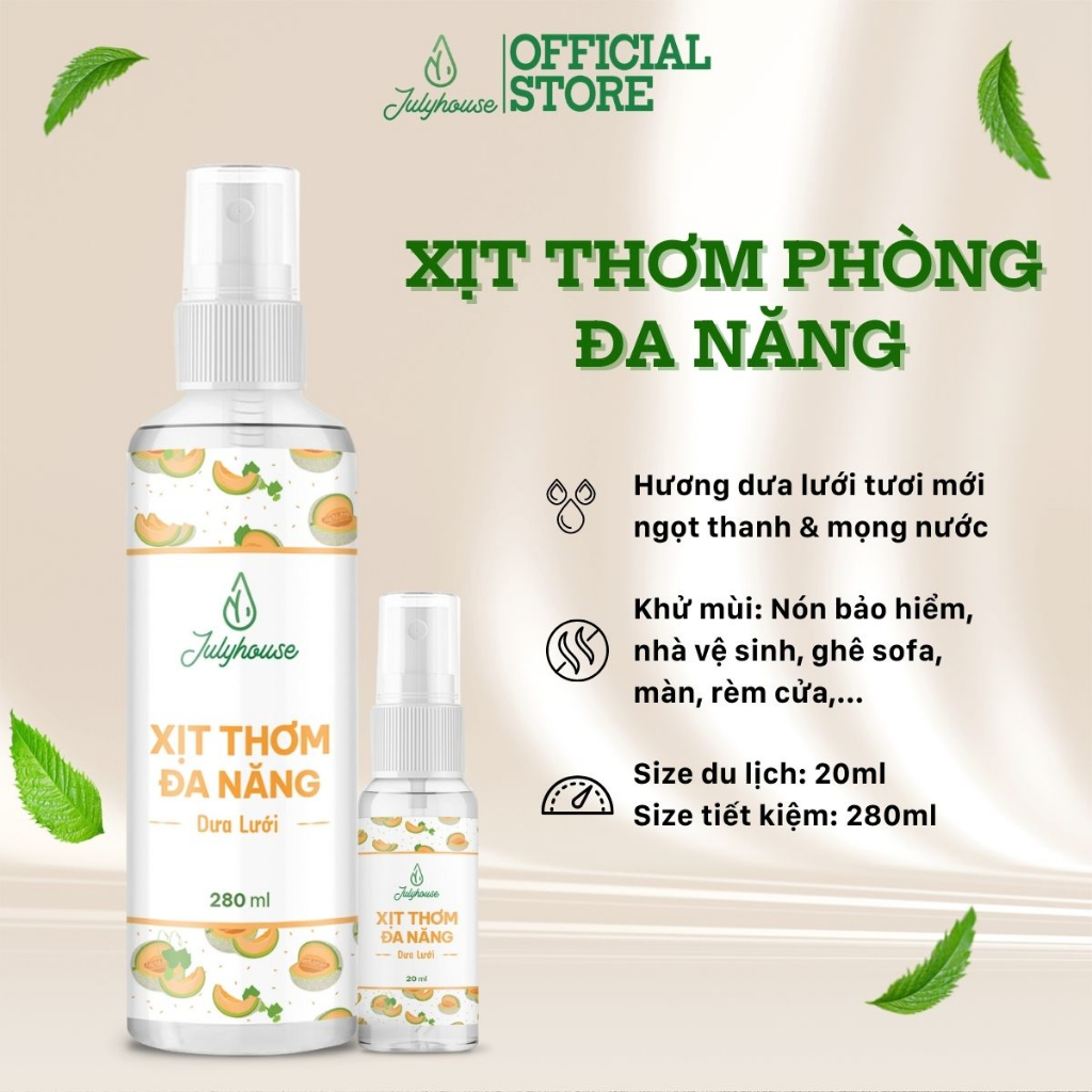 Xịt thơm đa năng hương dưa lưới Julyhouse 20ml/280ml khử mùi toilet, giày, phòng ngủ, phòng bếp, rèm cửa hiệu quả