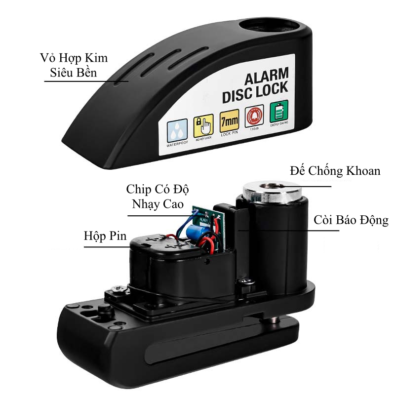 Khóa phanh đĩa xe máy báo động chống trộm, khóa xe đạp chống nước chuông báo động 120dBs