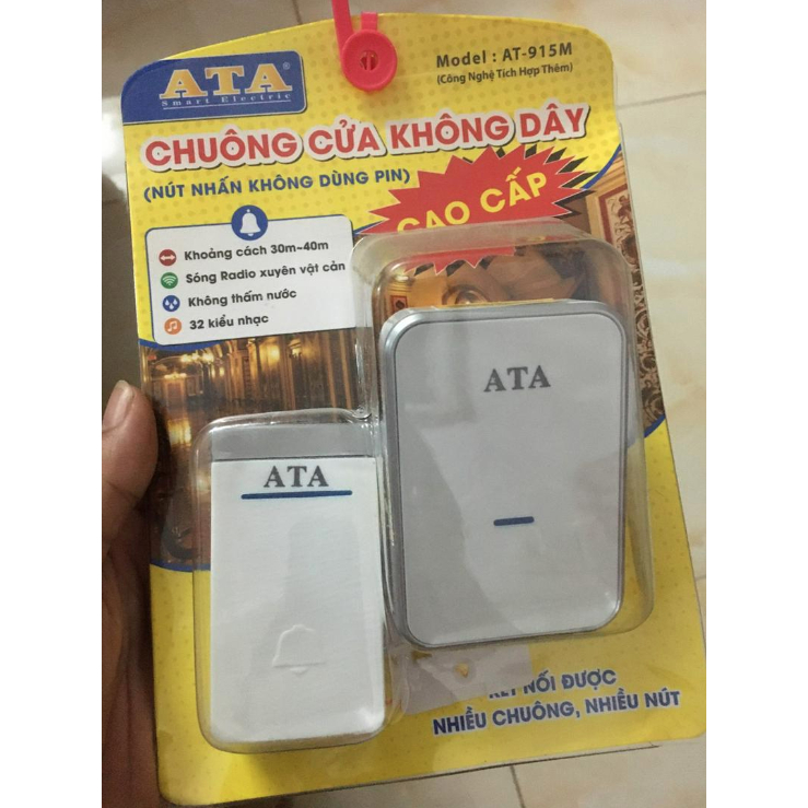 Chuông cửa ATA AT-915M không dây cao cấp, nút nhấn không cần dùng pin, chống nước - Hàng chính hãng