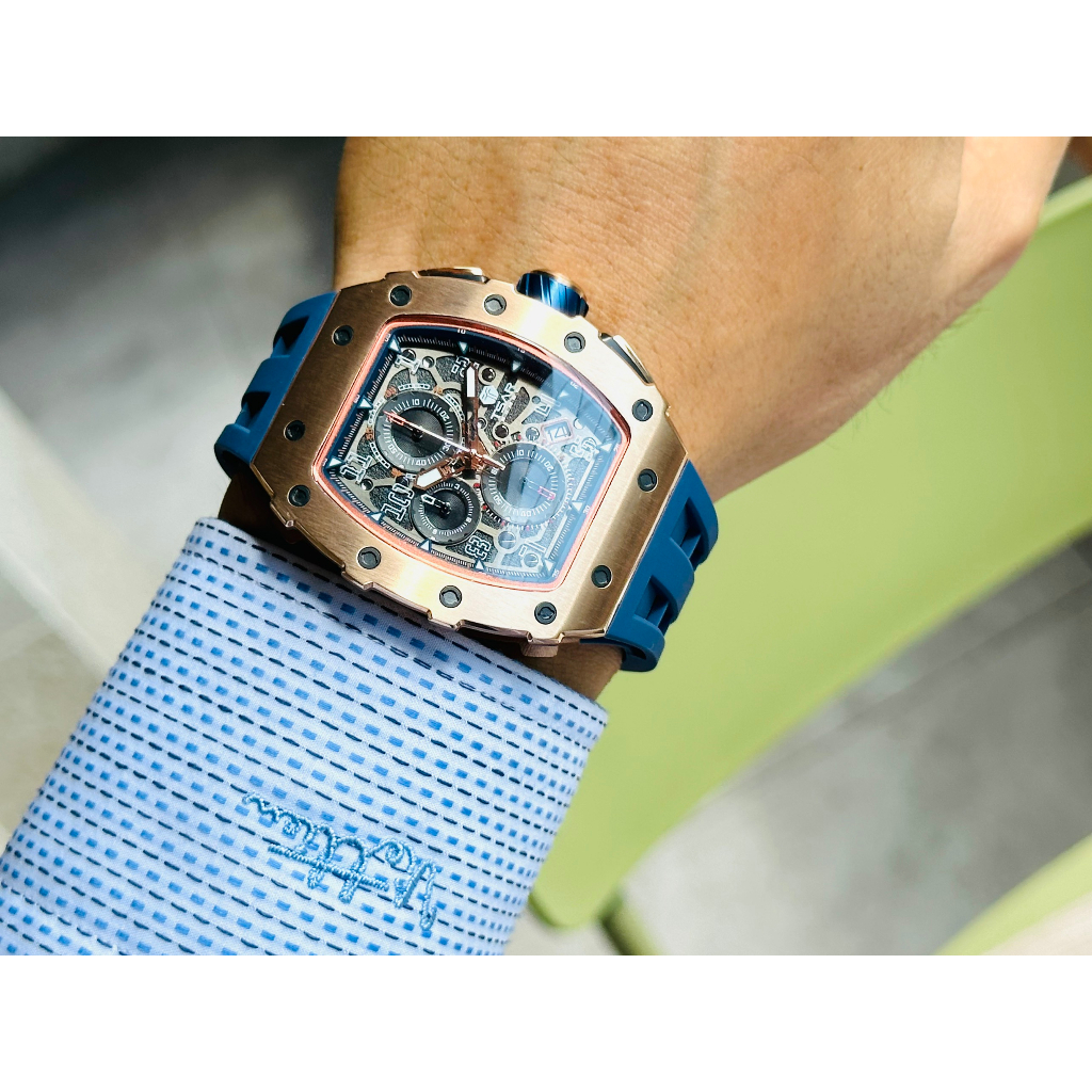 Đồng hồ nam dây cao su Tsar Bomba Luxury USA Chronograph Blue Rose Tone
