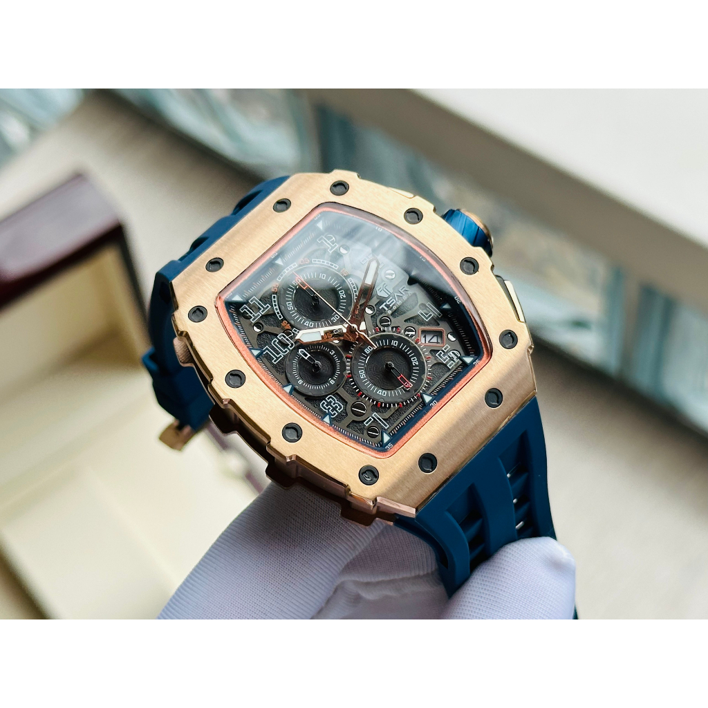 Đồng hồ nam dây cao su Tsar Bomba Luxury USA Chronograph Blue Rose Tone