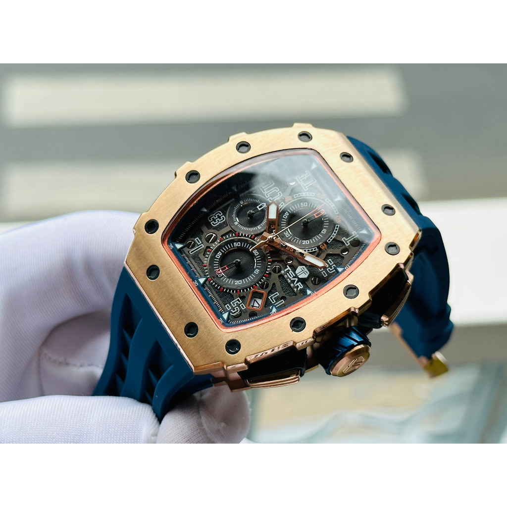 Đồng hồ nam dây cao su Tsar Bomba Luxury USA Chronograph Blue Rose Tone