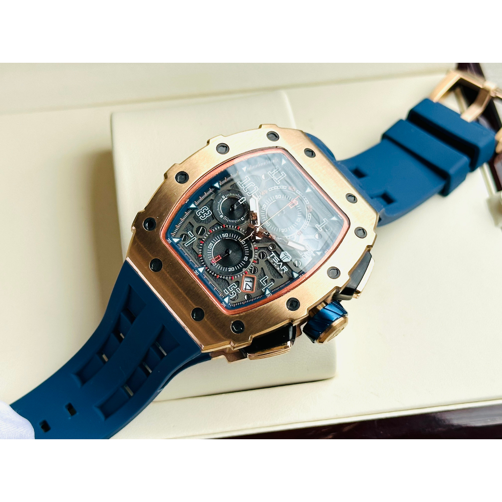 Đồng hồ nam dây cao su Tsar Bomba Luxury USA Chronograph Blue Rose Tone