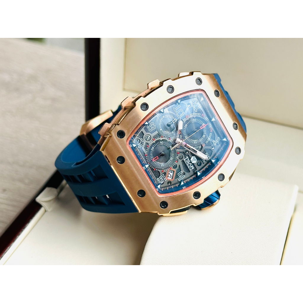 Đồng hồ nam dây cao su Tsar Bomba Luxury USA Chronograph Blue Rose Tone