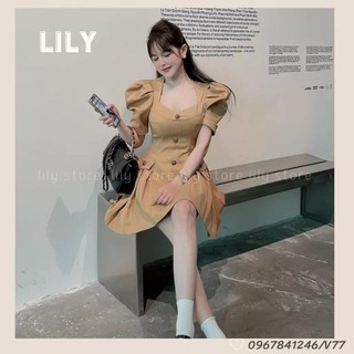 Váy nữ hàng thiết kế tay bồng, cổ vuông chất liệu tuyết Hàn