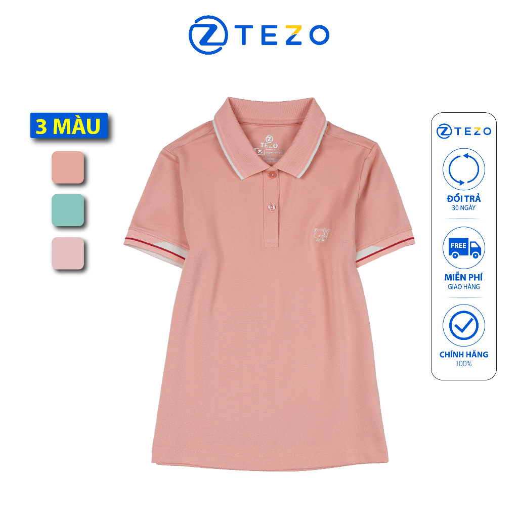 Áo polo nữ Tezo thun nữ ngắn tay có cổ thiết kế thêu mèo ngực 23APCT022