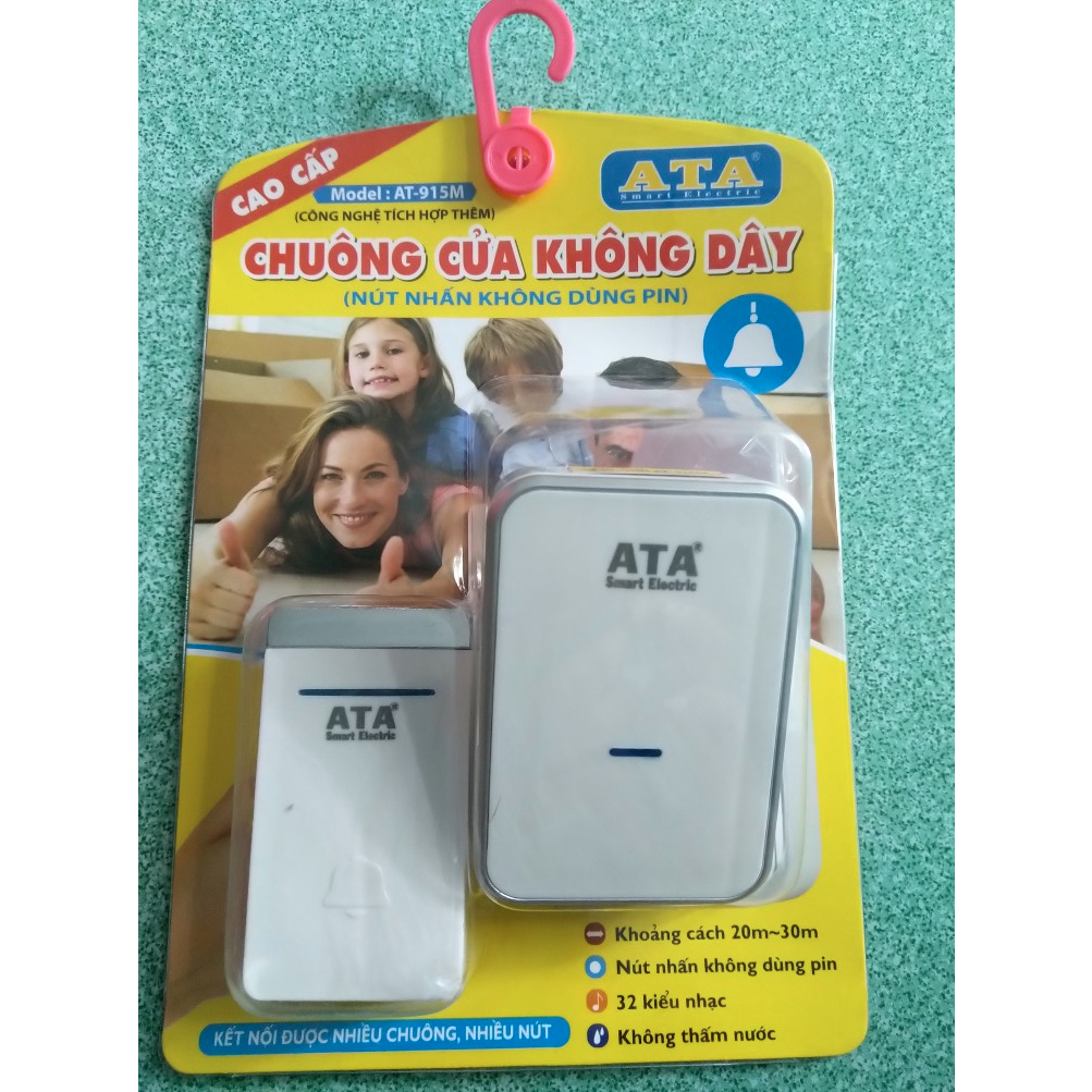 Chuông cửa ATA AT-915M không dây cao cấp, nút nhấn không cần dùng pin, chống nước - Hàng chính hãng