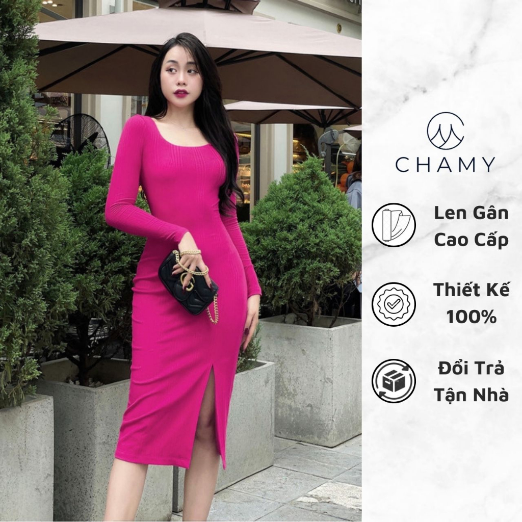 Đầm Nữ 𝐂𝐇𝐀𝐌𝐘 Kalis Phom Ôm Body Xẻ Tà Quyến Rũ Chất Len Gân Mềm Mịn Cao Cấp