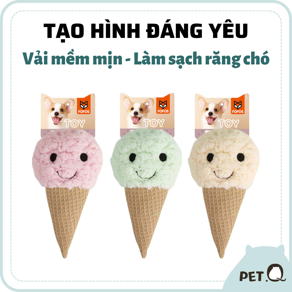 Đồ chơi cho chó FOFOS, Đồ chơi thú bông hình cây kem, Có tiếng kêu giảm căng thẳng, Vải nhung mềm mại tốt cho răn, 3 màu