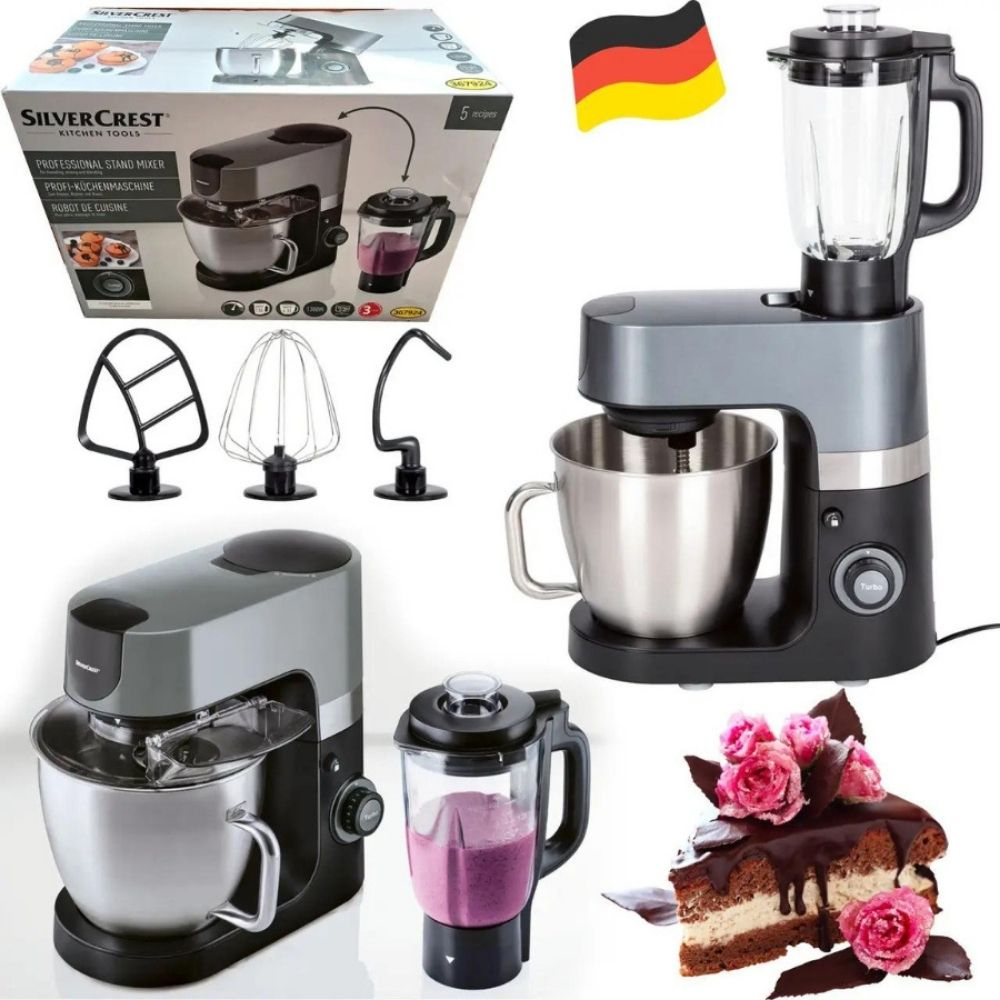 Máy nhào bột SILVERCREST 6.3L 1300W- trộn 1 kg bột khô - thố sinh tố thủy tinh 1.5L