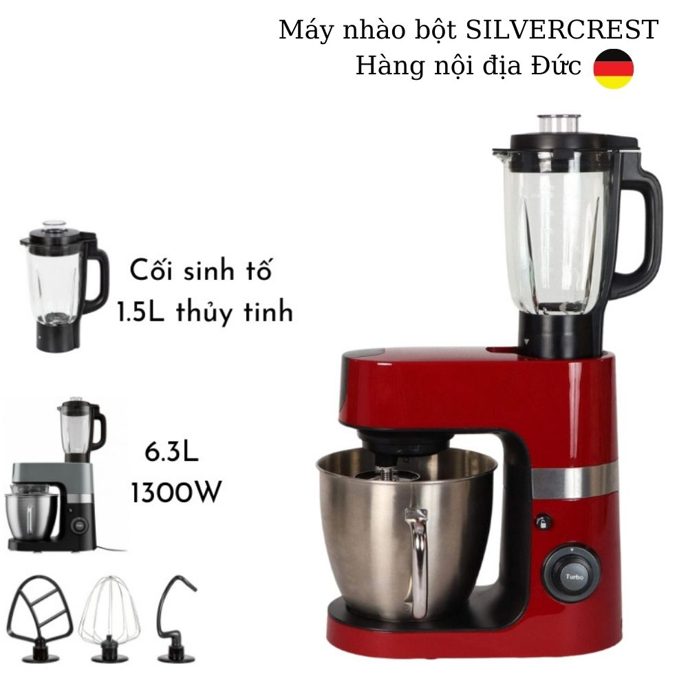 Máy nhào bột SILVERCREST 6.3L 1300W- trộn 1 kg bột khô - thố sinh tố thủy tinh 1.5L