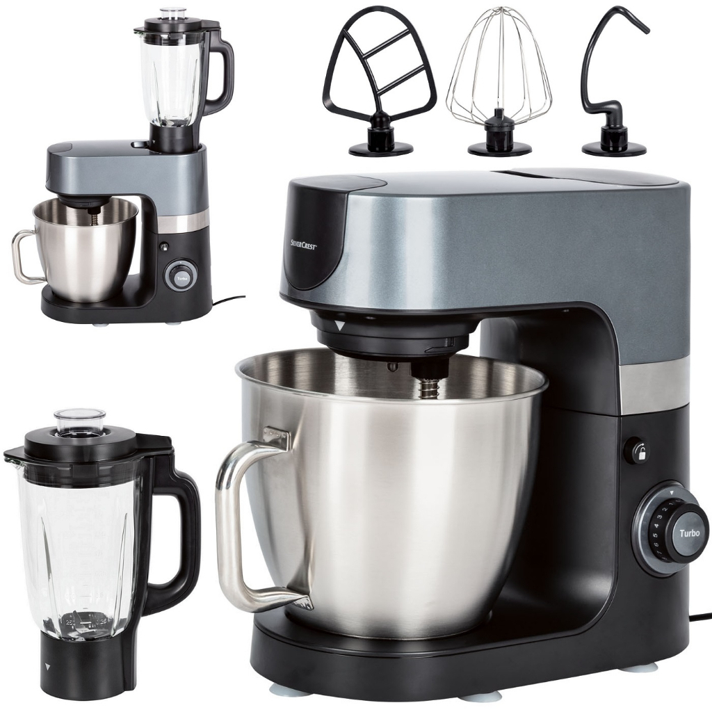 Máy nhào bột SILVERCREST 6.3L 1300W- trộn 1 kg bột khô - thố sinh tố thủy tinh 1.5L