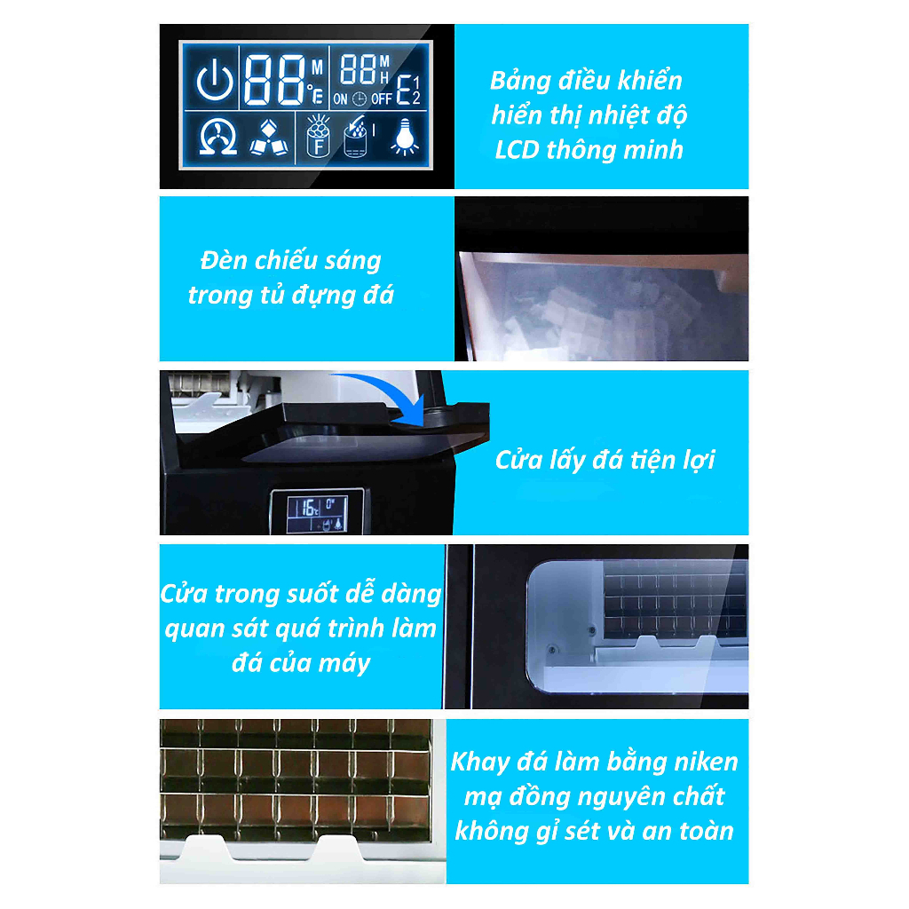 Máy Làm Đá Viên Tự Động Hicon Công Suất 40kg/Ngày Tủ Đá Giữ Nhiệt Mini, Máy Làm Đá Cấp Tốc Trong 12 Phút Bảo Hành 1 Năm