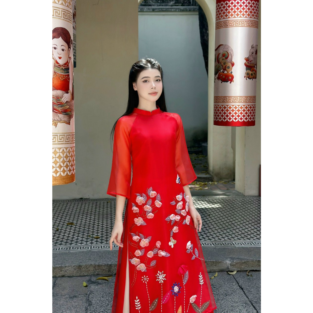 Áo dài cách tân thiết kế chất liệu tơ organza đính kết cao cấp - Áo dài TC- AD28.1