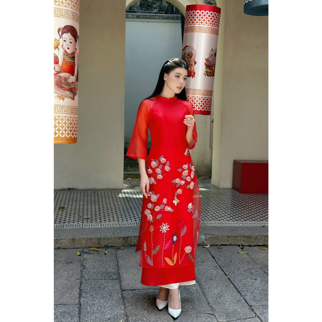Áo dài cách tân thiết kế chất liệu tơ organza đính kết cao cấp - Áo dài TC- AD28.1