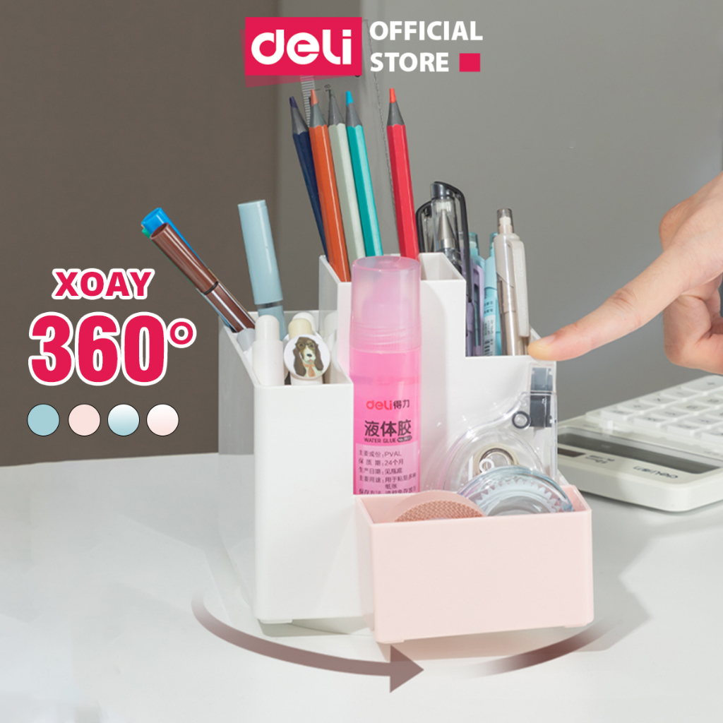 Hộp đựng bút Deli, ống đựng bút xoay 360 độ màu pastel để bàn dễ thương tiện lợi đa năng chất lượng cao
