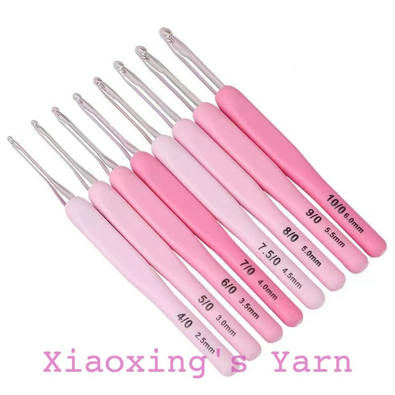 Bộ 8 cây kim móc hồng tặng kèm túi da + kéo cắt chỉ mô phỏng kim tulip size cơ bản cho người mới bắt đầu | Xiaoxingyarn