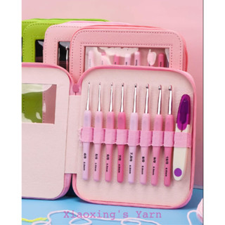  Bộ 8 cây kim móc hồng tặng kèm túi da + kéo cắt chỉ mô phỏng kim tulip size cơ bản cho người mới bắt đầu | Xiaoxingyarn 