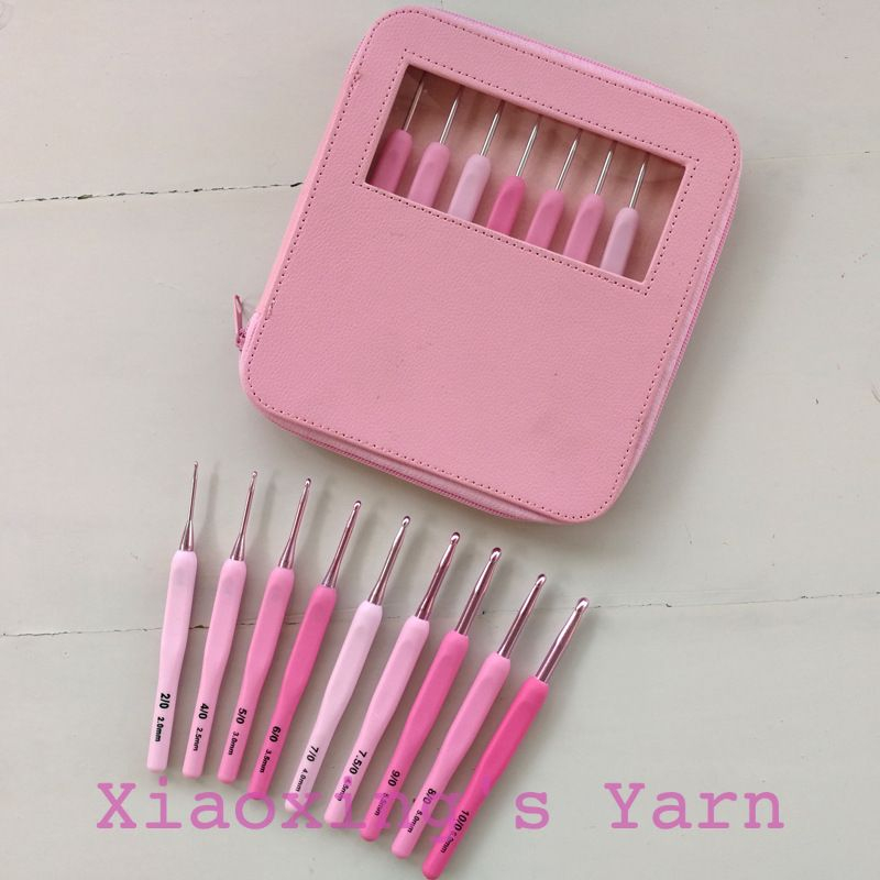 Bộ 8 cây kim móc hồng tặng kèm túi da + kéo cắt chỉ mô phỏng kim tulip size cơ bản cho người mới bắt đầu | Xiaoxingyarn