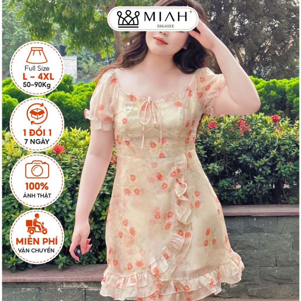 Đầm bigsize nữ váy thiết kế Rose form A vải voan lụa 2 lớp hoạ tiết hoa tay ngắn đi chơi đi biển MIAH BIGSIZE
