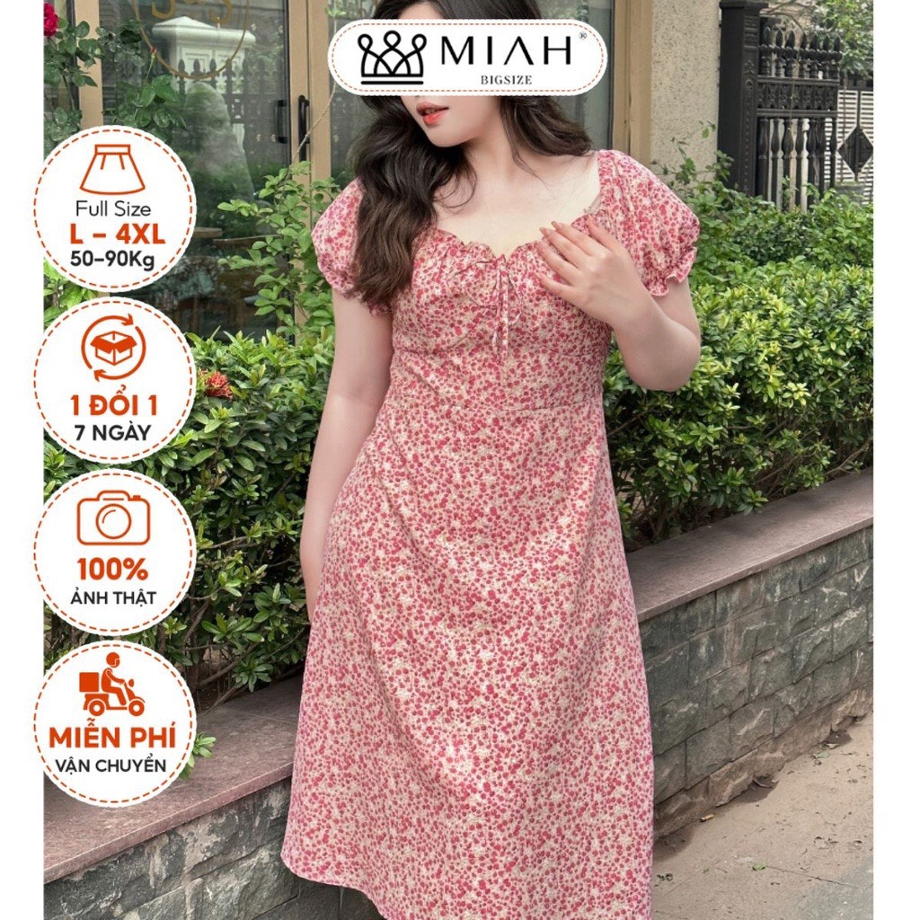 Đầm bigsize nữ váy thiết kế Fiona vải voan lụa mát mẻ cổ bèo rút nơ hoa nhí tay ngắn đi biển đi chơi MIAH BIGSIZE