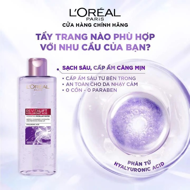 Nước Tẩy Trang Tím LOREAL- Revitalift Hyaluronic Acid Hydrating Micellar Water 400ml