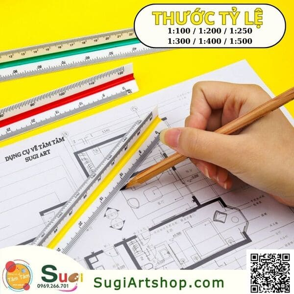 Thước tỷ lệ, thước 3 cạnh 1:100, 1:300, 1:400, 1:500, 1:250, 1:200 - Sugi art shop