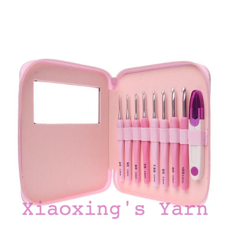 Bộ 8 cây kim móc hồng tặng kèm túi da + kéo cắt chỉ mô phỏng kim tulip size cơ bản cho người mới bắt đầu | Xiaoxingyarn