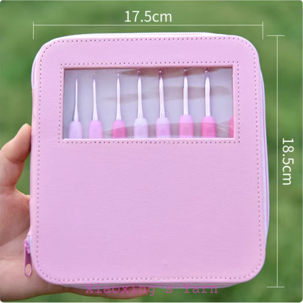 Bộ 8 cây kim móc hồng tặng kèm túi da + kéo cắt chỉ mô phỏng kim tulip size cơ bản cho người mới bắt đầu | Xiaoxingyarn