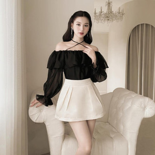 Set áo trễ vai kèm chân váy tacta cao cấp Sarah Set, set áo váy dự tiệc đen trắng DELIZ STUDIO