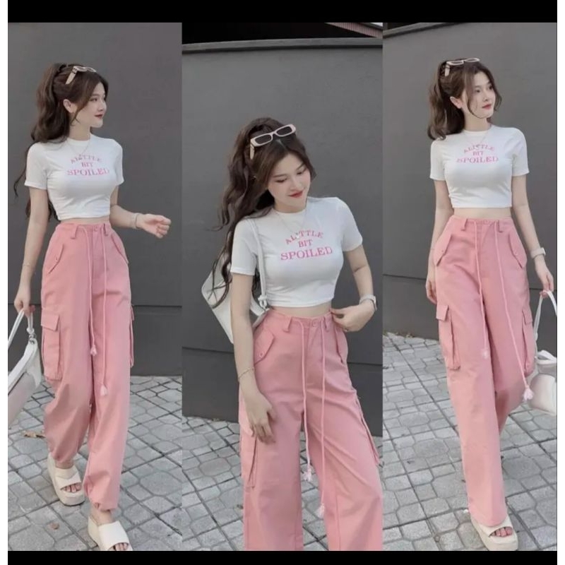 Set 2 món áo croptop+ quần túi hộp