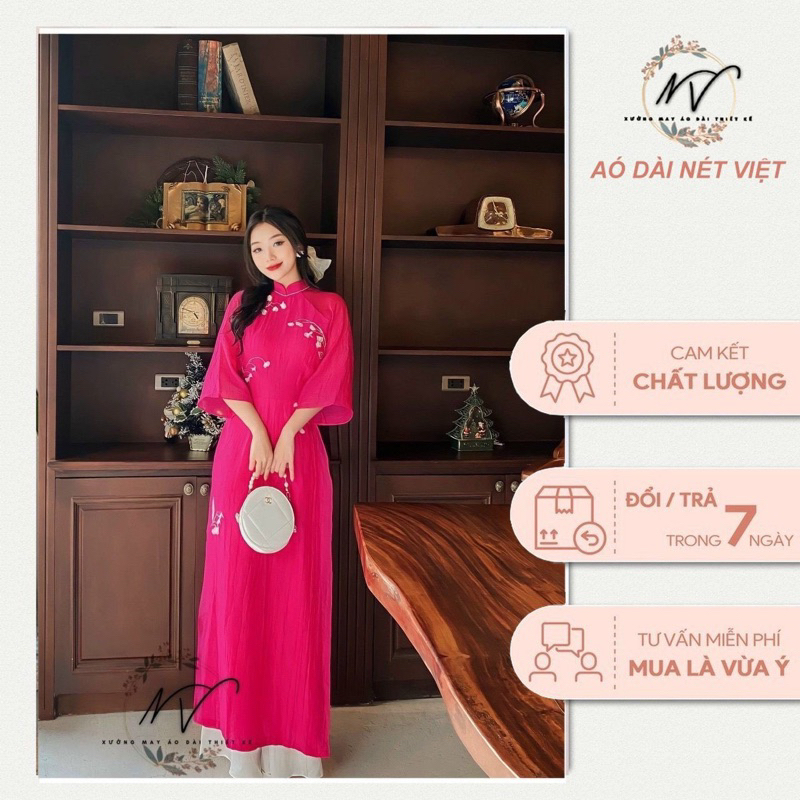 Áo dài Linh Đan hồng sen tôn da sang trọng hoạ tiết thêu Nét Việt