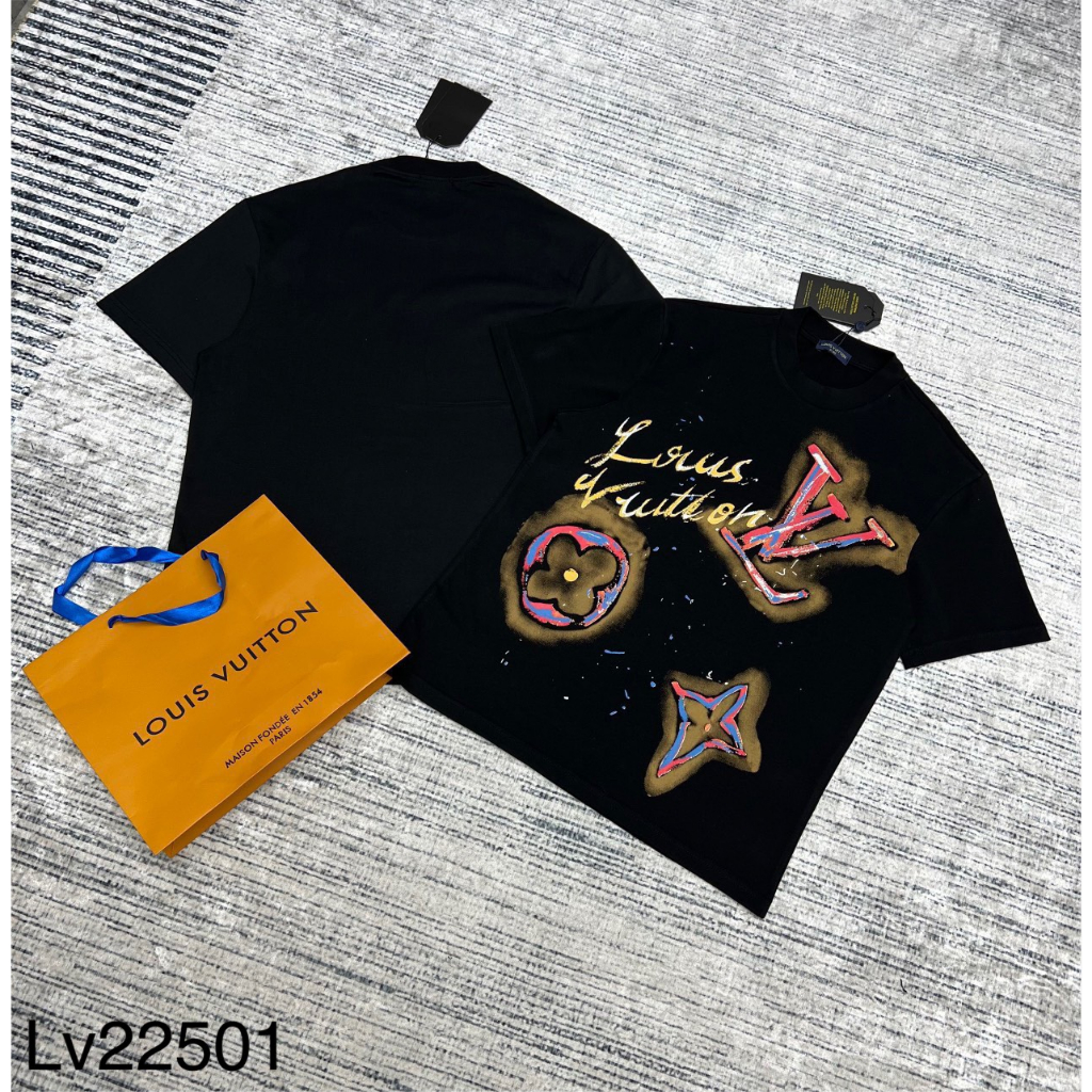 Áo Thun Nam Nữ Phối Màu Họa Tiết L.V Cao Cấp, Áo Phông Nam Nữ In Logo Vải Mát Mịn