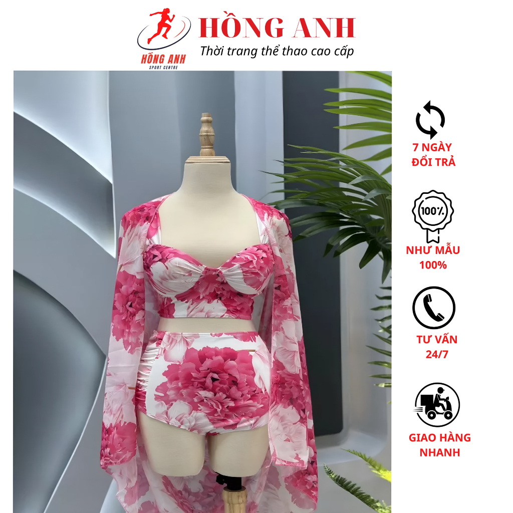 Đồ Bơi Nữ, Bikini Đi Biển,Áo Tắm Họa Tiết Lá Xanh Kèm Khăn Vôn, Sét 3 Món Có Mút Dày Độn