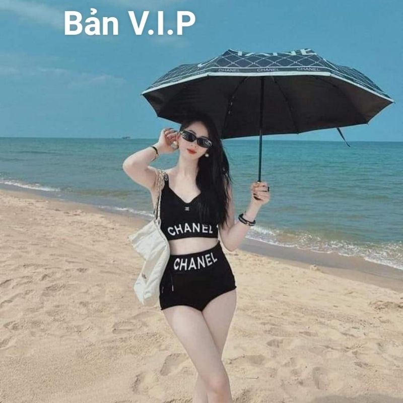 Bikini cha.ne.l đen bản VI.P size(SML)chất thun cogiãn nhẹ.Vải bơi dàydặn, saulưng kín,mút ngực vừaphải,kèm ảnhthật 100%