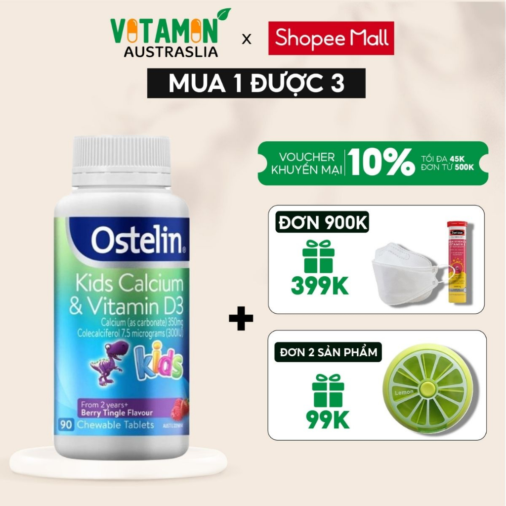 Viên uống bổ sung canxi Vitamin D & Calcium Ostelin Kids cho bé 90 viên của Úc