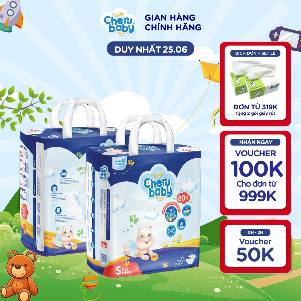 Tã/Bỉm Quần/ Dán CHERUBABY Thấm Hút Tối Đa, Siêu Mỏng, Bề Mặt Giải Phóng Nhiệt Size S/M/L/XL Cho Bé 4kg-20kg 46-86 Miếng