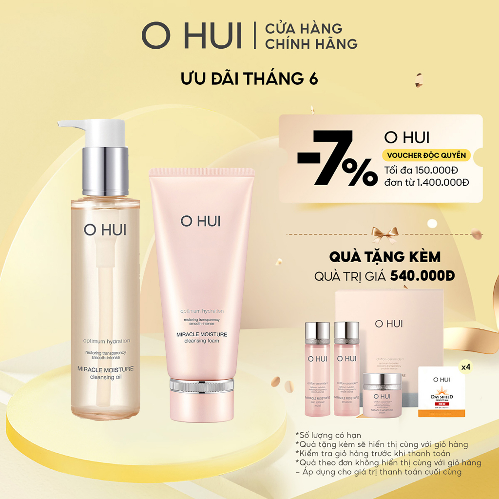 Combo làm sạch sâu dưỡng ẩm da Sữa rửa mặt O HUI Miracle Moisture Cleansing Foam 200ml và Dầu tẩy trang 150ml